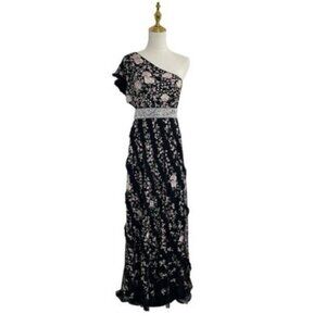 Mac Duggal Dress 70160 Embroidered Ruffle One Shoulder Lace Up Gown Black Size 8